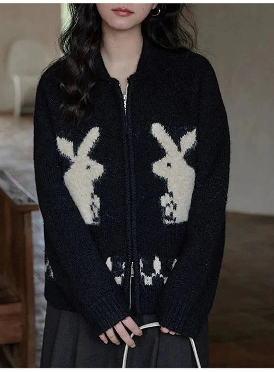 Y2k Whimsical Bunny Motif Zip-Up Cardigan