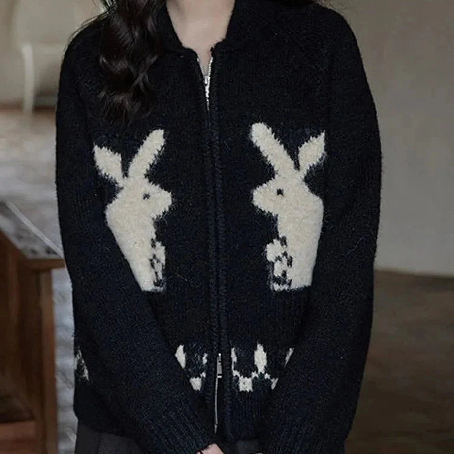 Y2k Whimsical Bunny Motif Zip-Up Cardigan