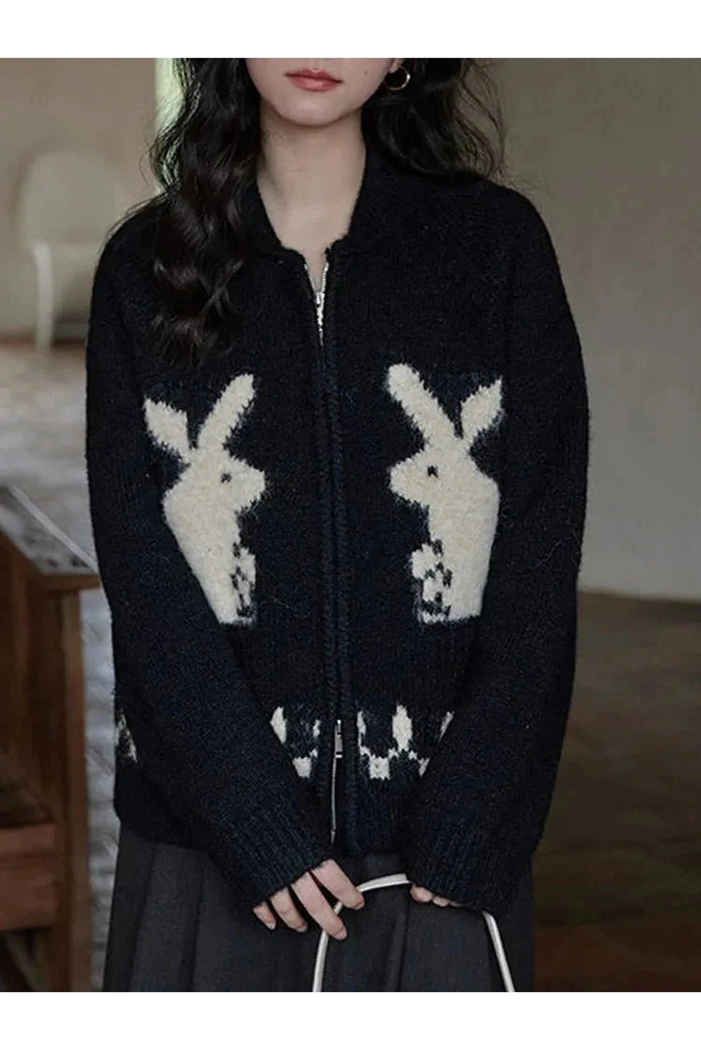 Y2k Whimsical Bunny Motif Zip-Up Cardigan