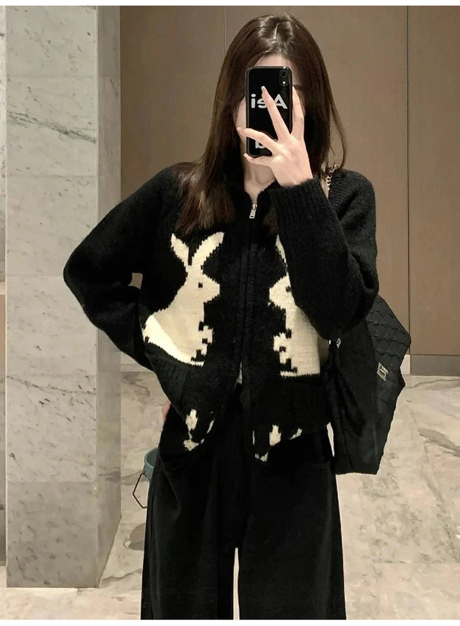Y2k Whimsical Bunny Motif Zip-Up Cardigan