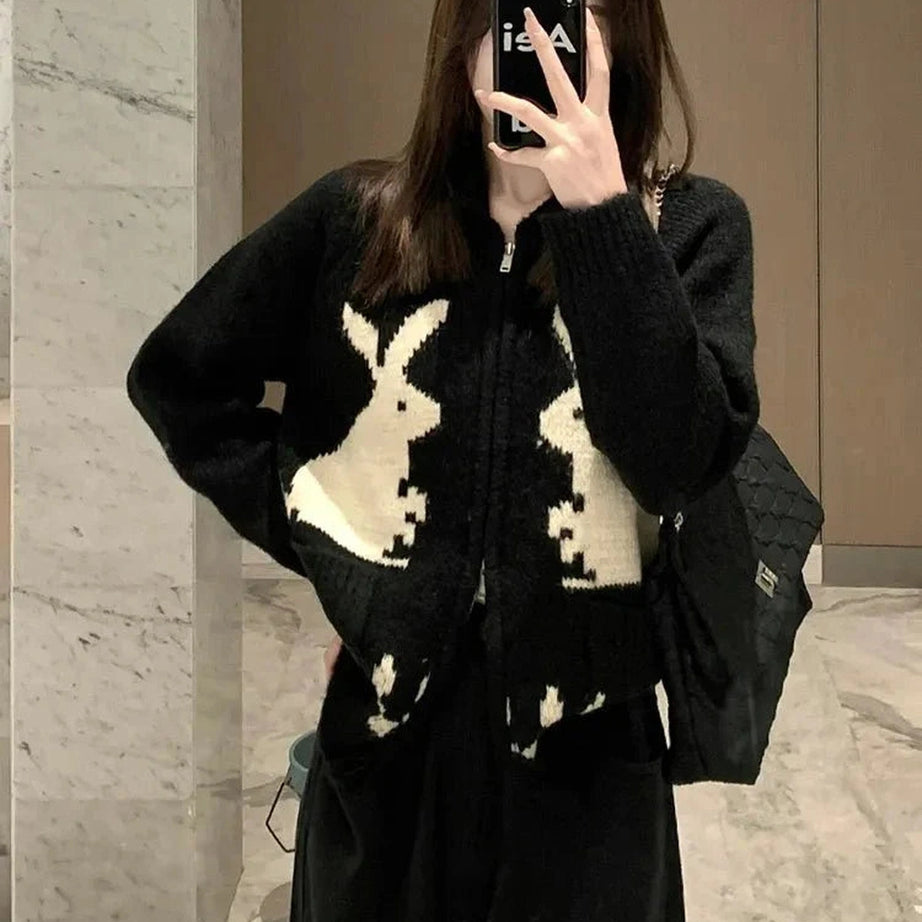 Y2k Whimsical Bunny Motif Zip-Up Cardigan