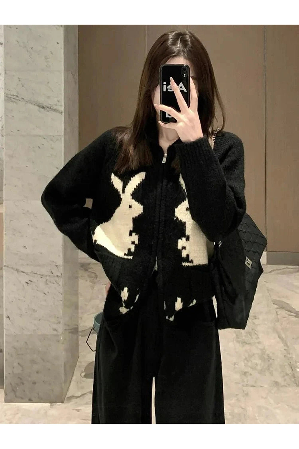 Y2k Whimsical Bunny Motif Zip-Up Cardigan