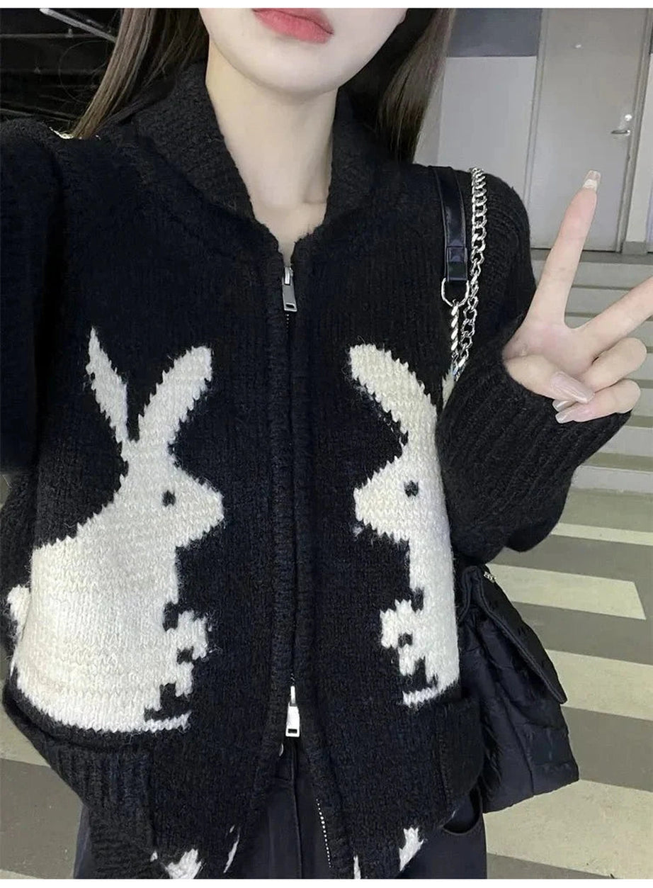 Y2k Whimsical Bunny Motif Zip-Up Cardigan