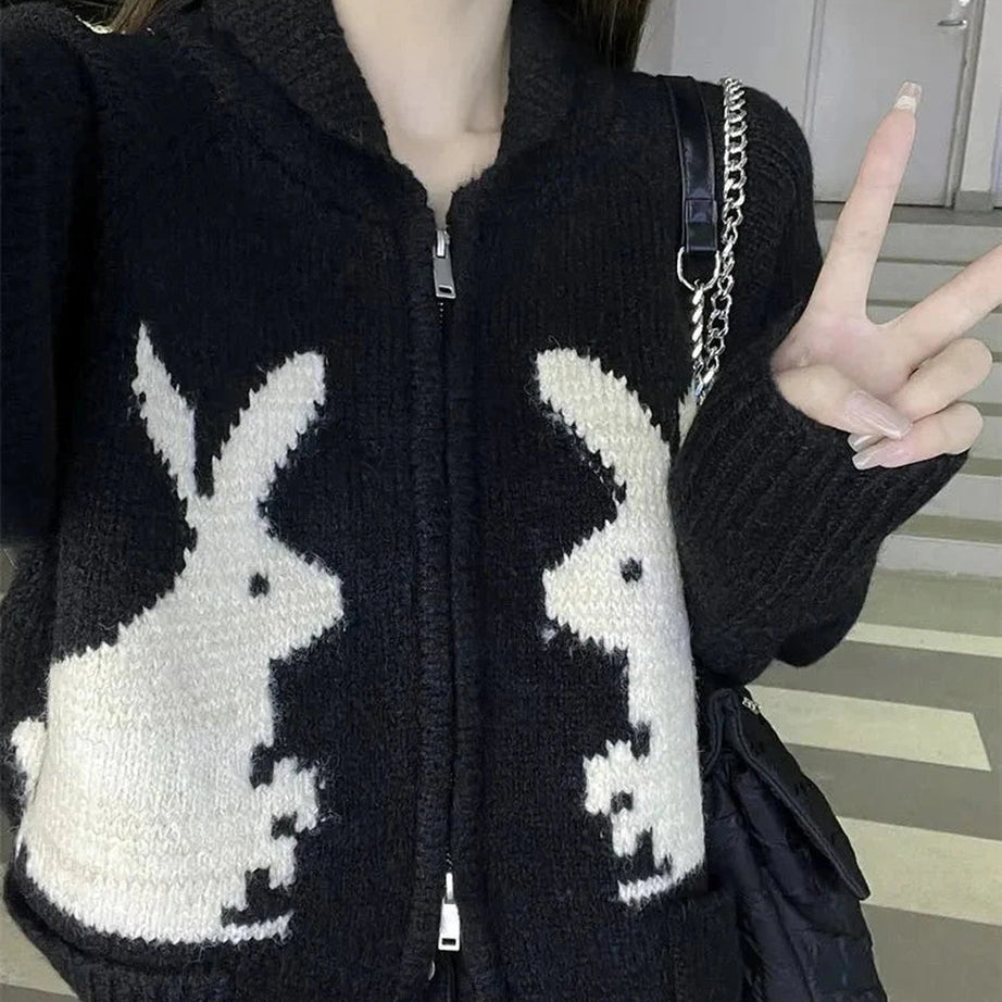 Y2k Whimsical Bunny Motif Zip-Up Cardigan