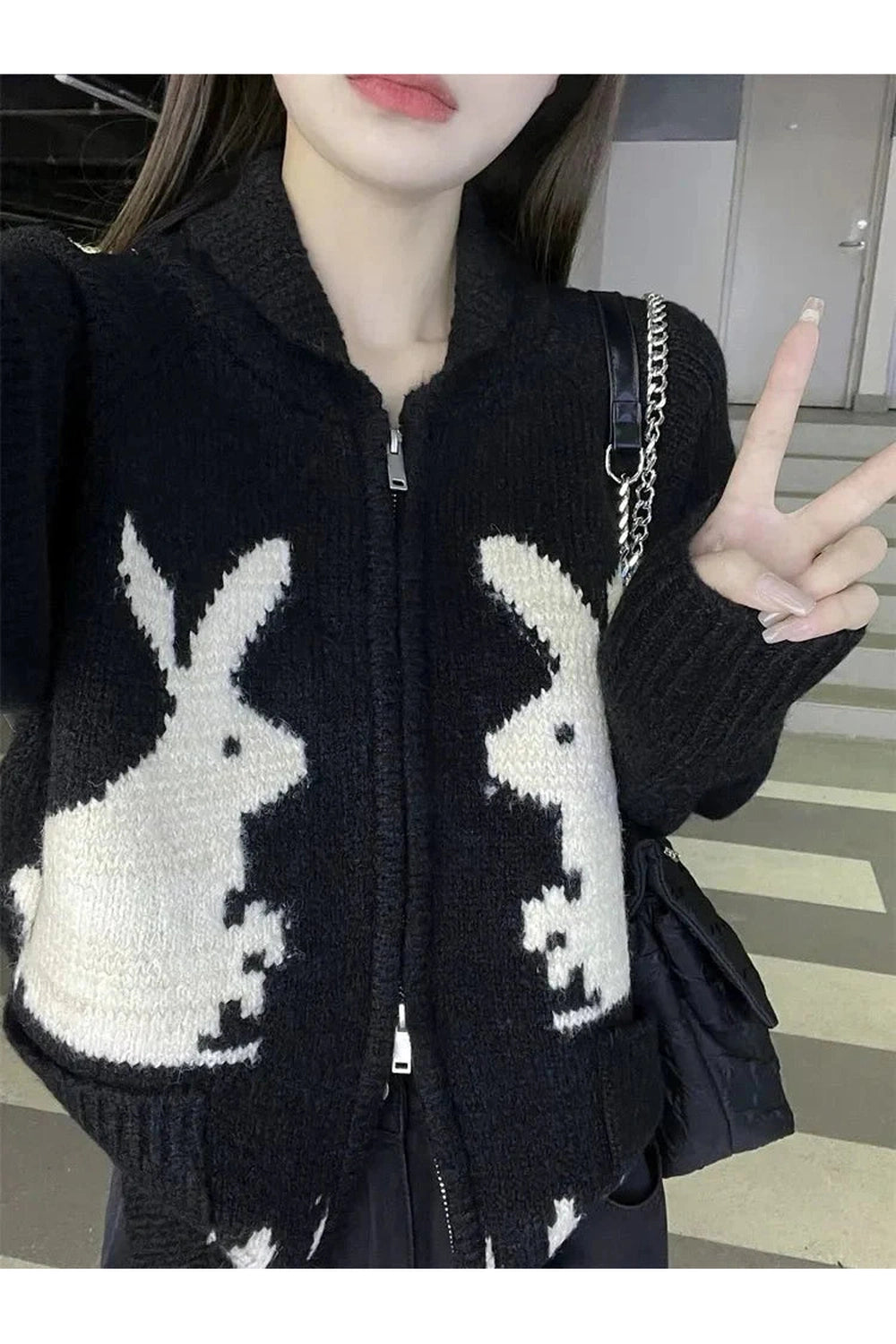 Y2k Whimsical Bunny Motif Zip-Up Cardigan