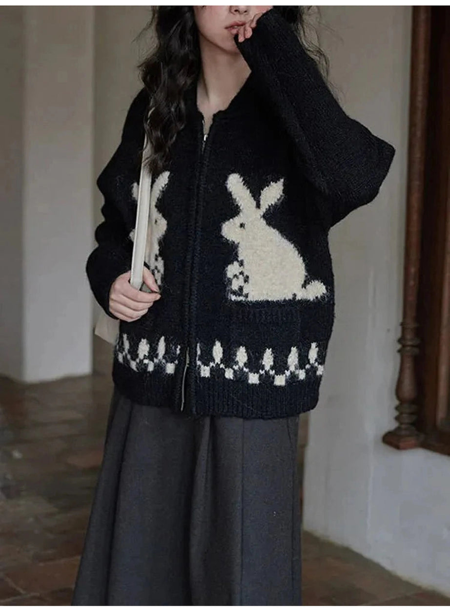 Y2k Whimsical Bunny Motif Zip-Up Cardigan