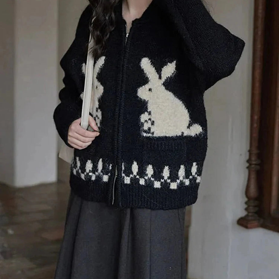 Y2k Whimsical Bunny Motif Zip-Up Cardigan