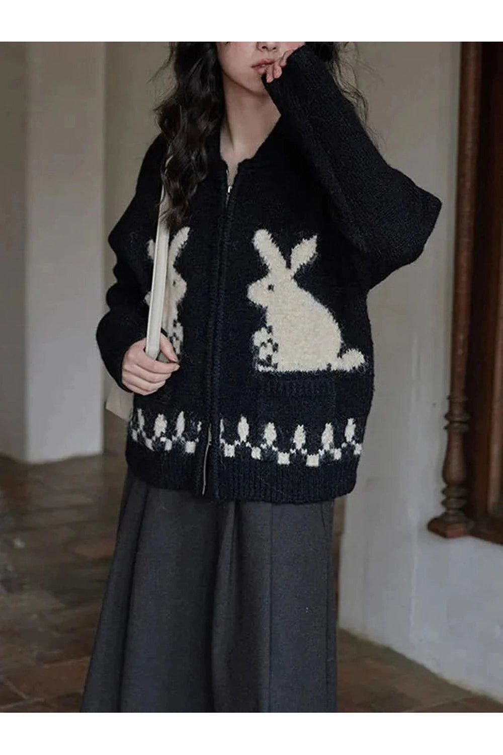 Y2k Whimsical Bunny Motif Zip-Up Cardigan
