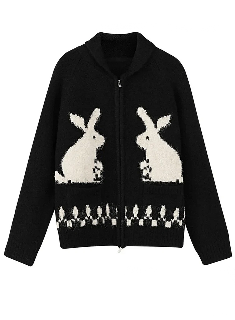 Y2k Whimsical Bunny Motif Zip-Up Cardigan