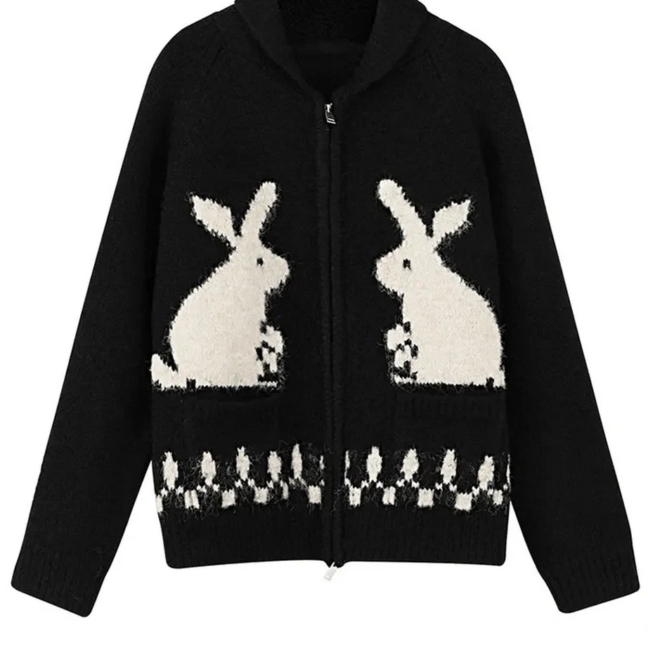 Y2k Whimsical Bunny Motif Zip-Up Cardigan