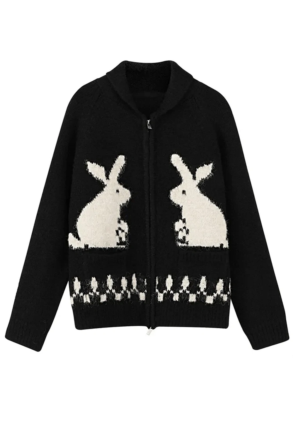 Y2k Whimsical Bunny Motif Zip-Up Cardigan