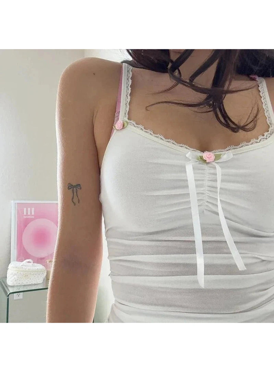 Y2k White Bow Lace Camis Top