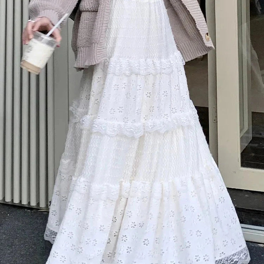 Y2k White Long Lace Skirt