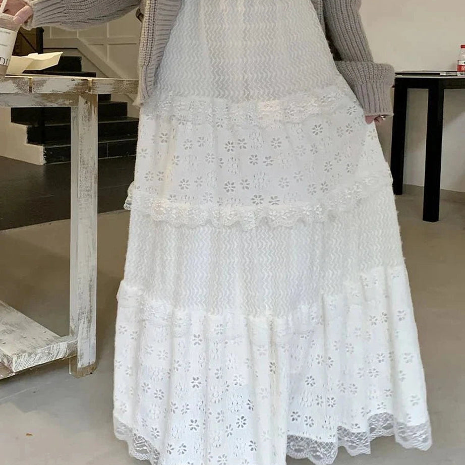 Y2k White Long Lace Skirt