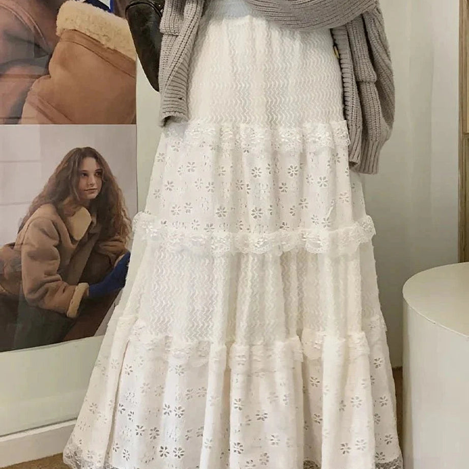Y2k White Long Lace Skirt