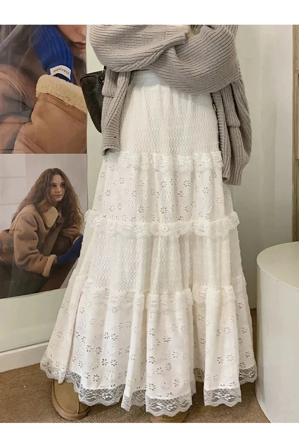 Y2k White Long Lace Skirt