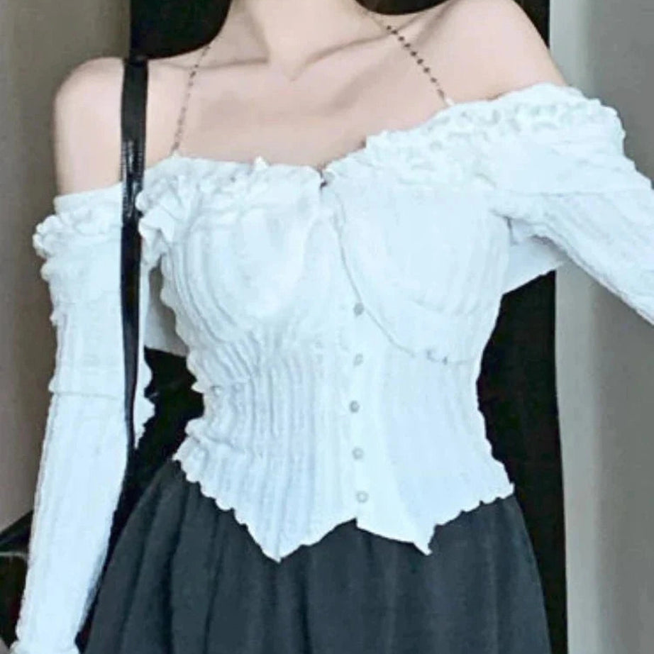 Y2k White Ruffle Kawaii Blouse