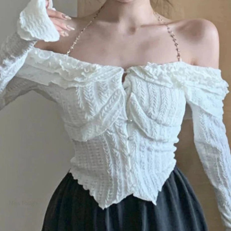 Y2k White Ruffle Kawaii Blouse