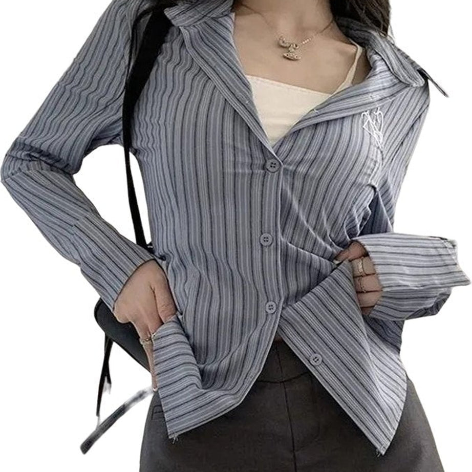 Y2k Women Striped Embroidery Shirt