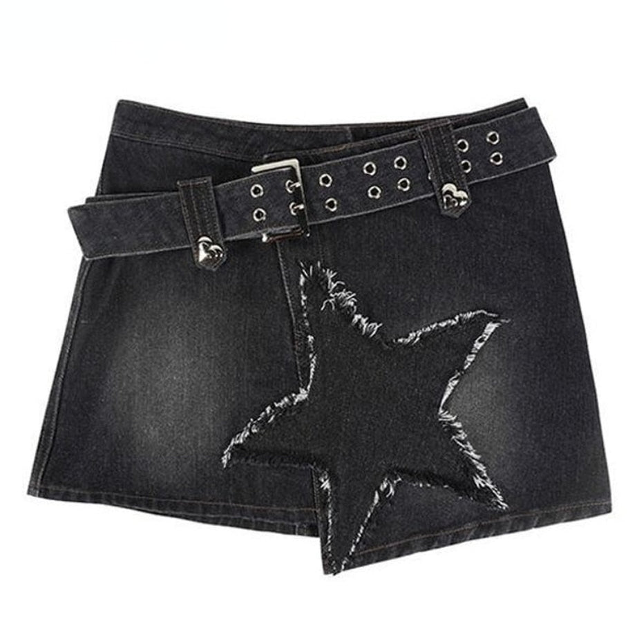 Y2k Denim Skirt with Star Patchwork