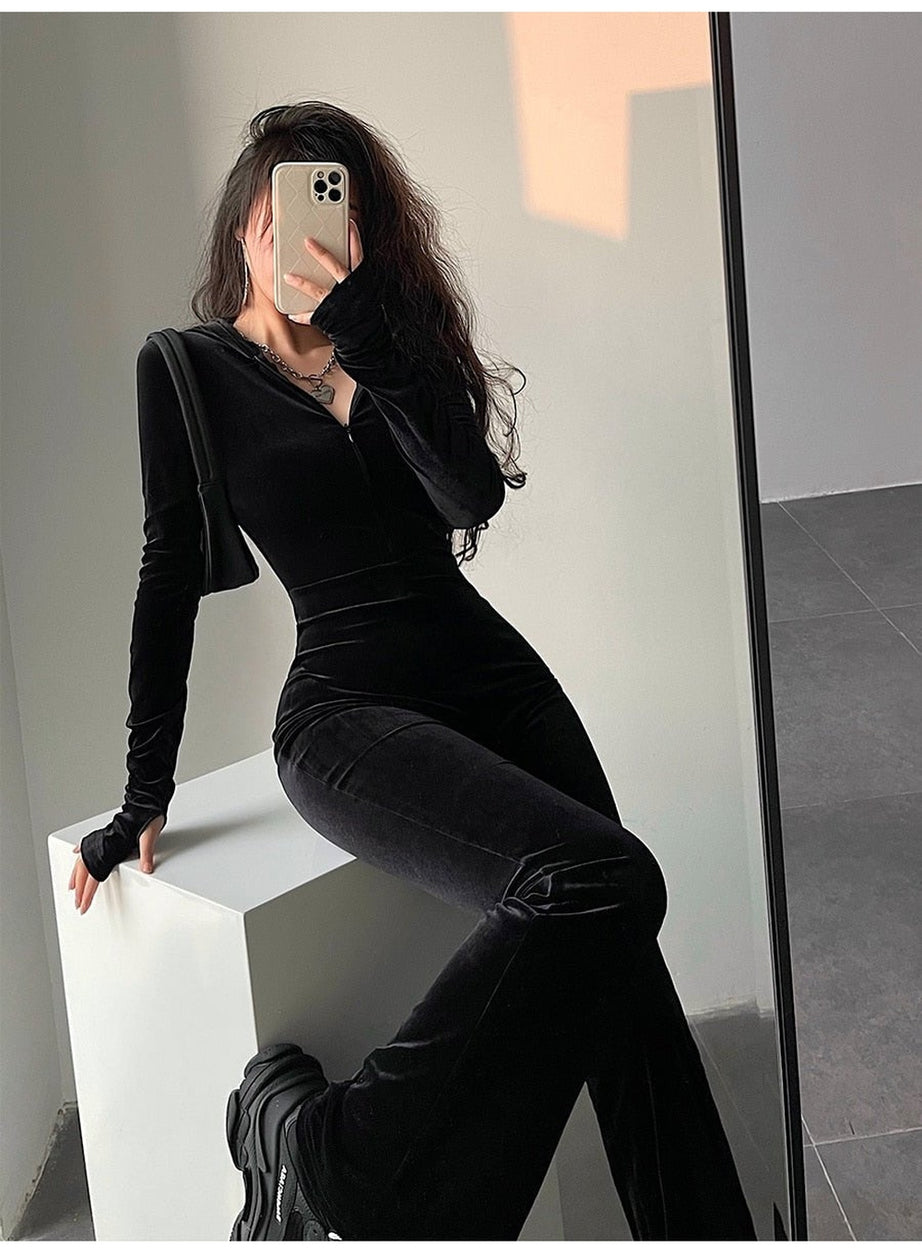 Y2k Fashion Black Velvet Tracksuit