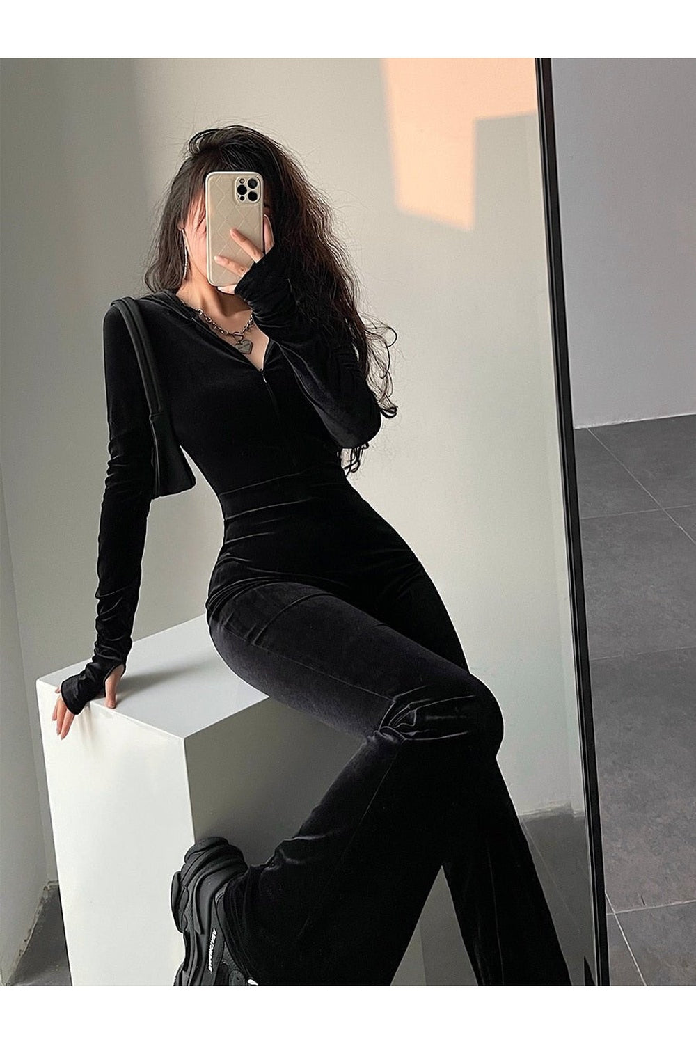Y2k Fashion Black Velvet Tracksuit