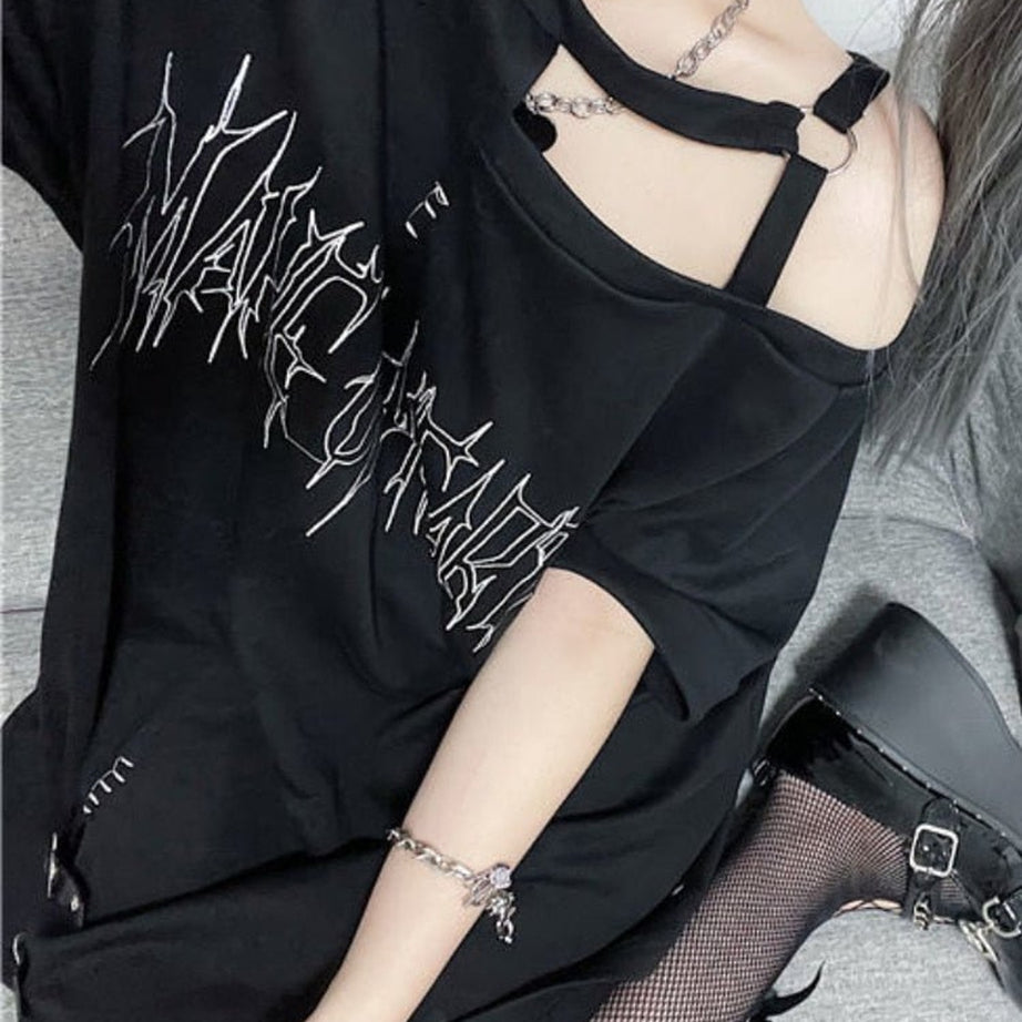 Y2k Girl Letter Print Off Shoulder Punk T-shirt