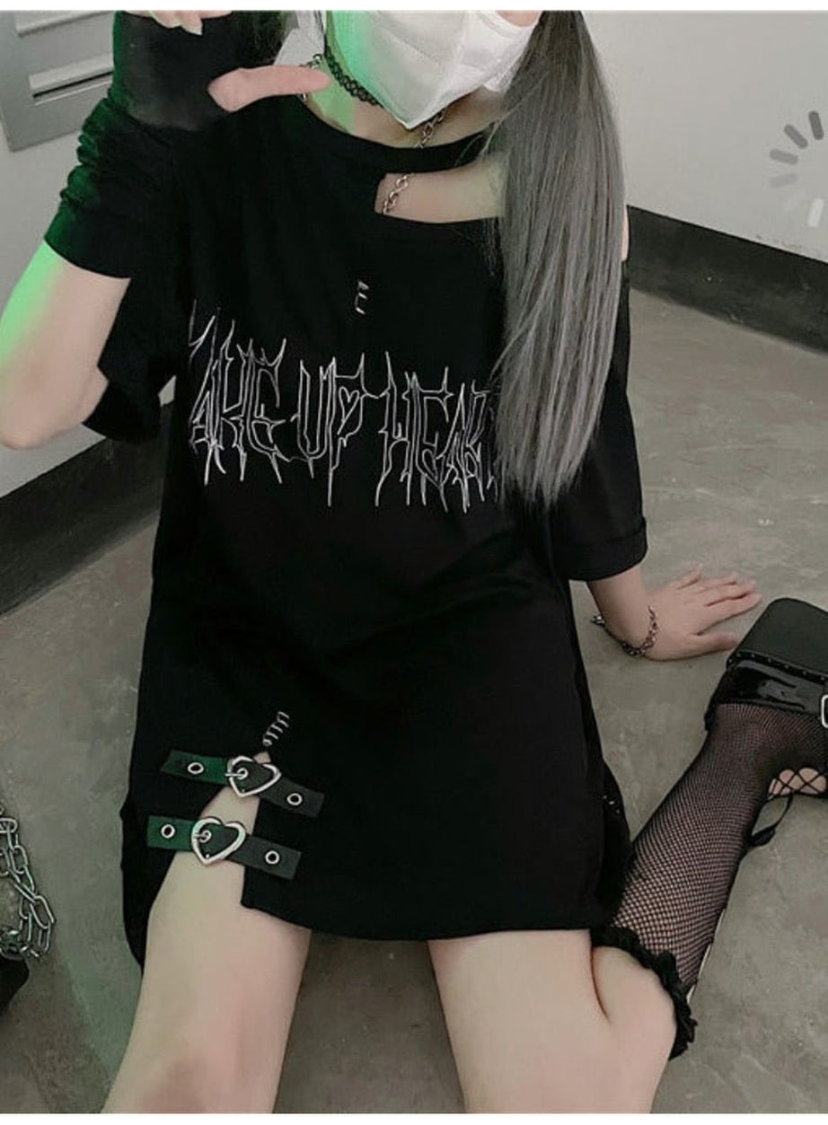 Y2k Girl Letter Print Off Shoulder Punk T-shirt