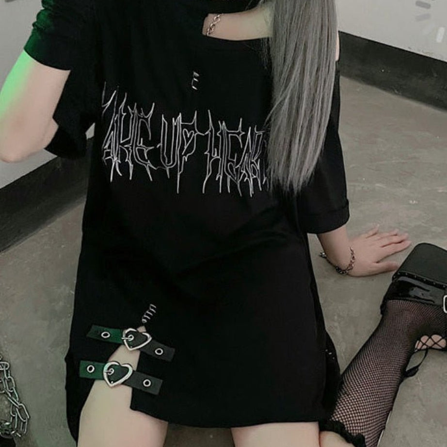 Y2k Girl Letter Print Off Shoulder Punk T-shirt