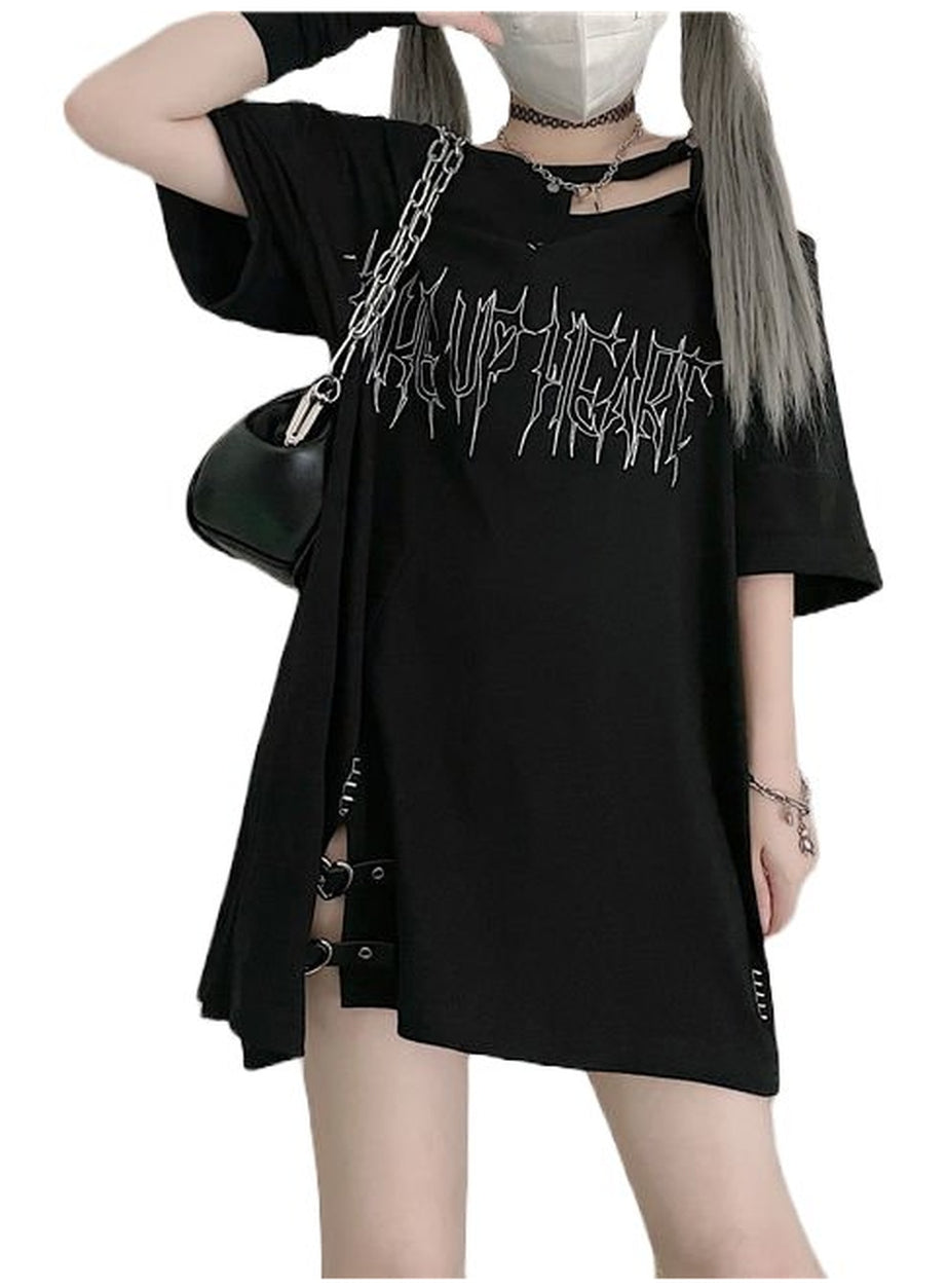 Y2k Girl Letter Print Off Shoulder Punk T-shirt
