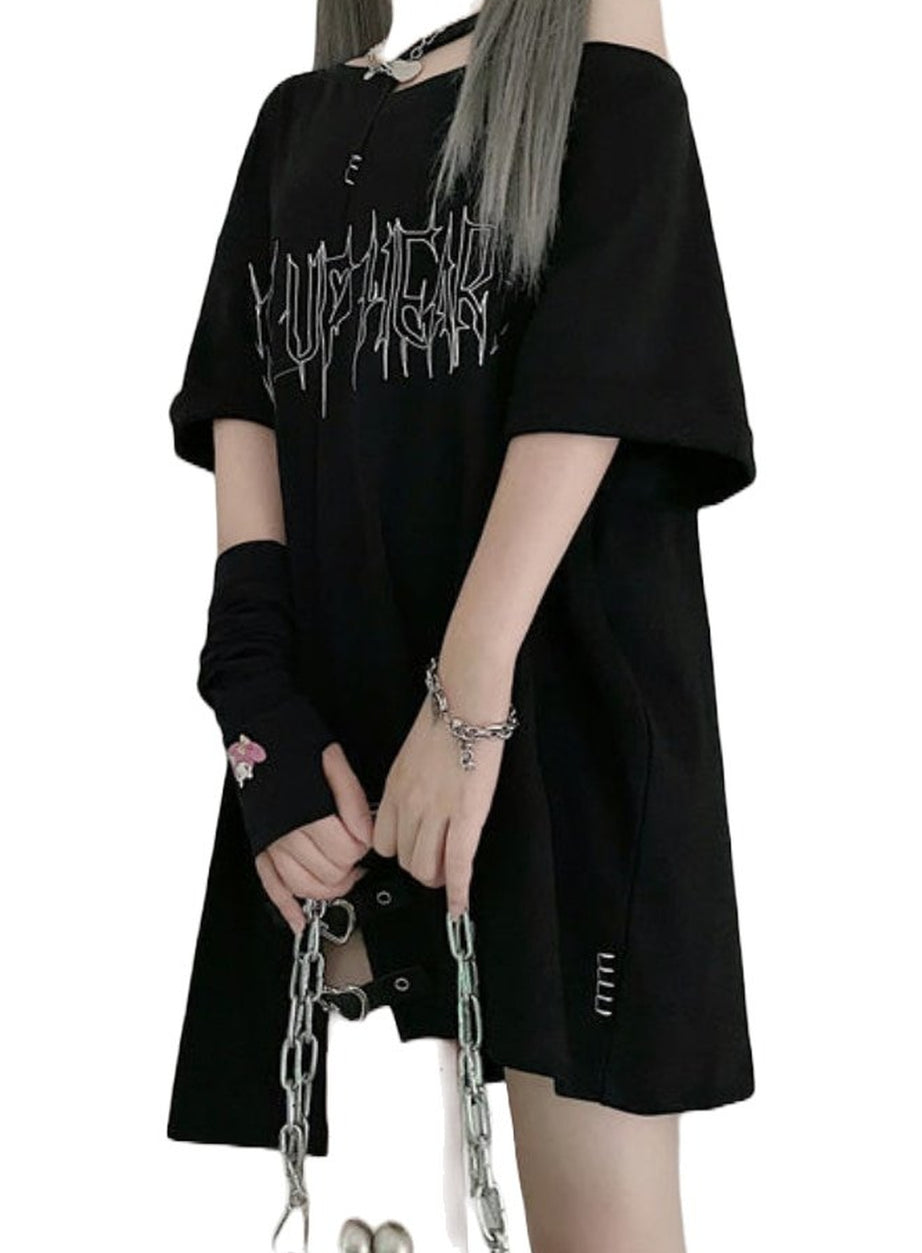 Y2k Girl Letter Print Off Shoulder Punk T-shirt