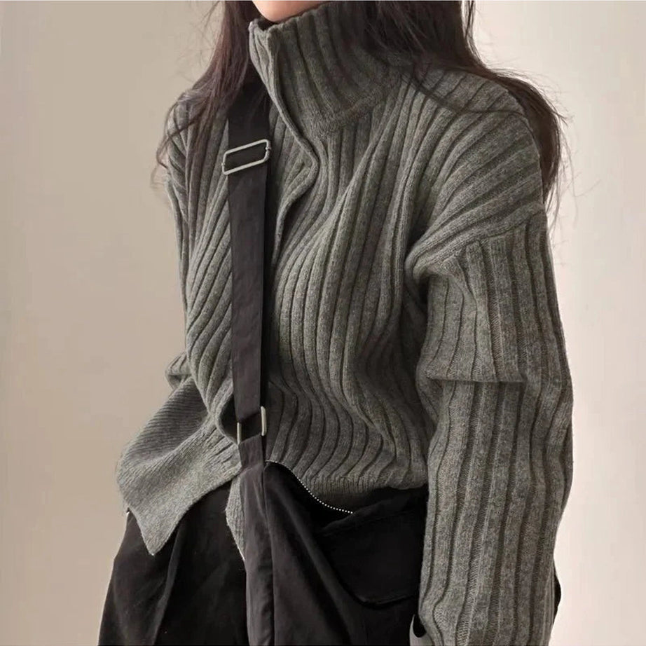 Y2k Gray Turtleneck Button Cardigan