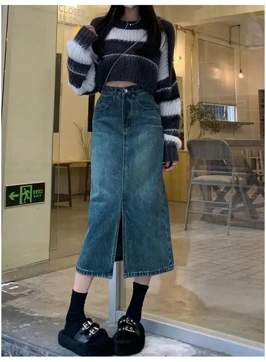 Y2k High Waist Denim Midi Skirt