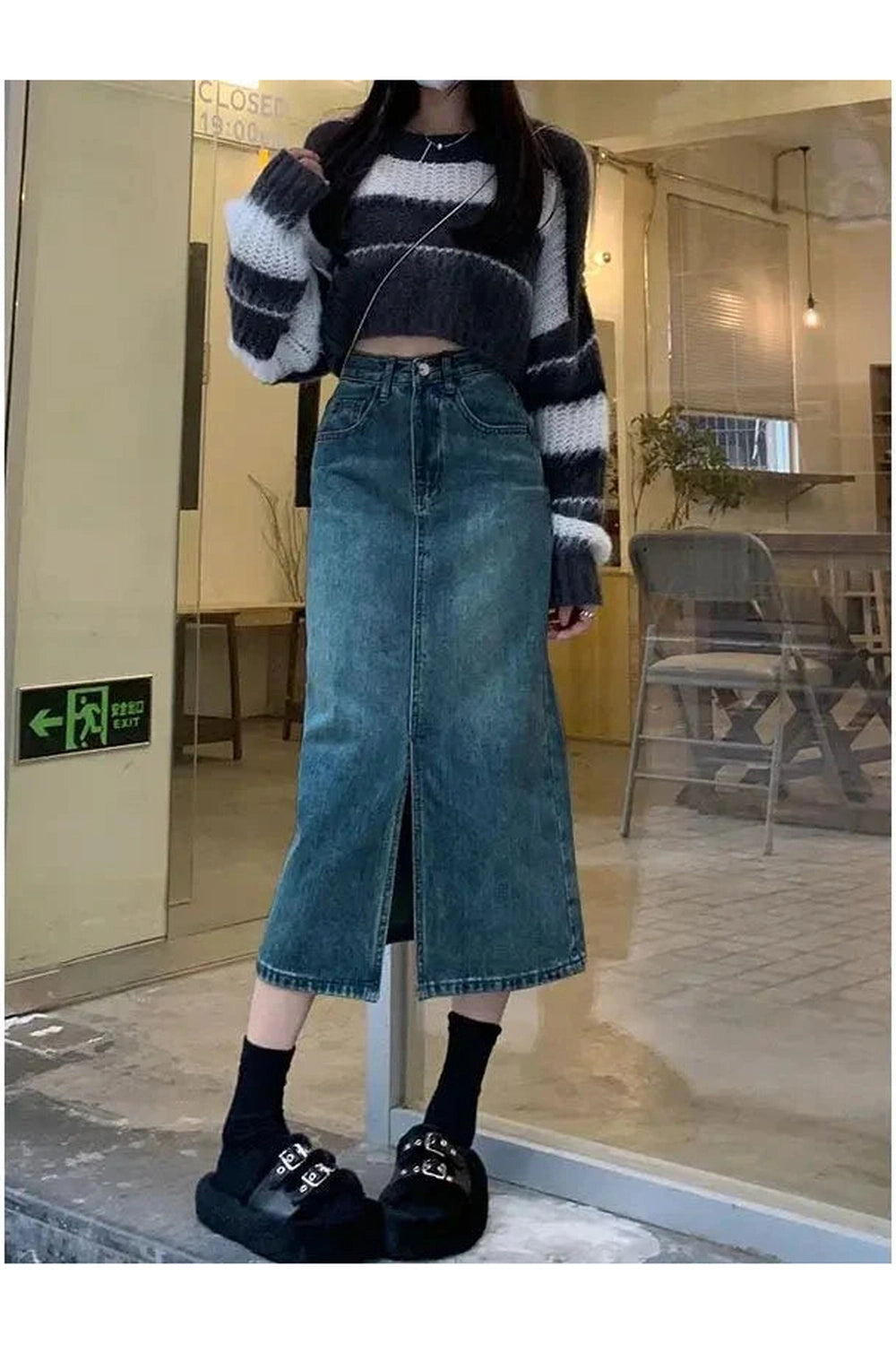 Y2k High Waist Denim Midi Skirt