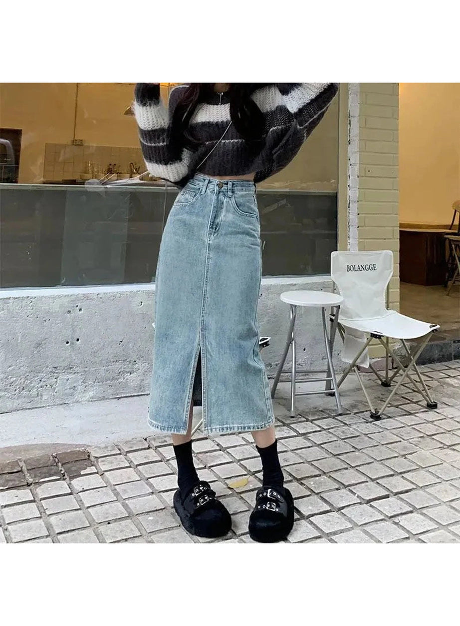 Y2k High Waist Denim Midi Skirt