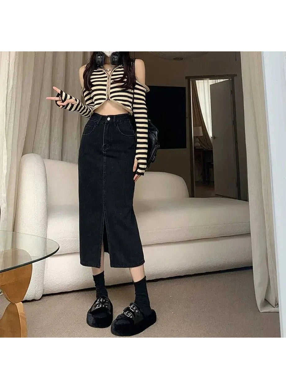 Y2k High Waist Denim Midi Skirt