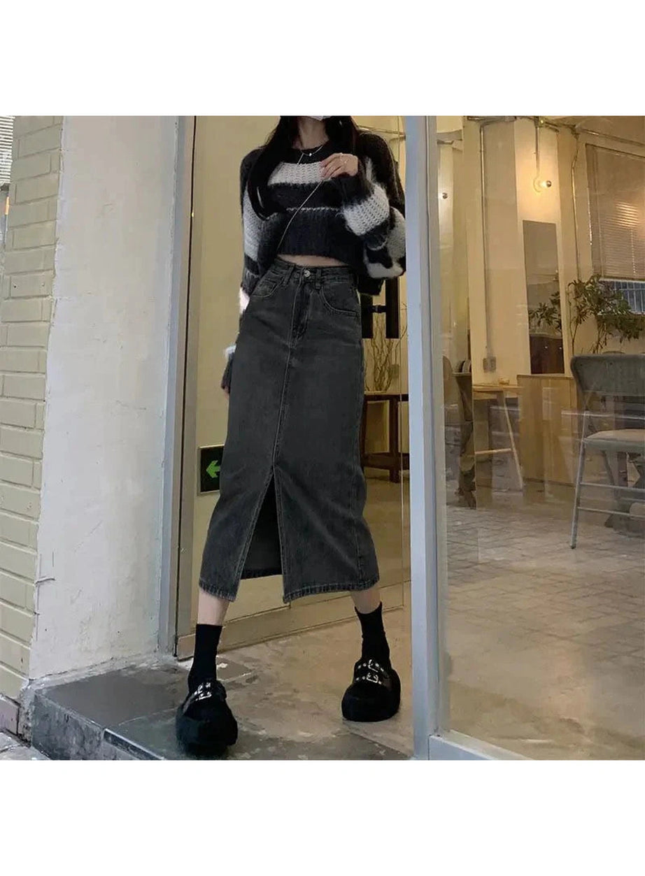 Y2k High Waist Denim Midi Skirt