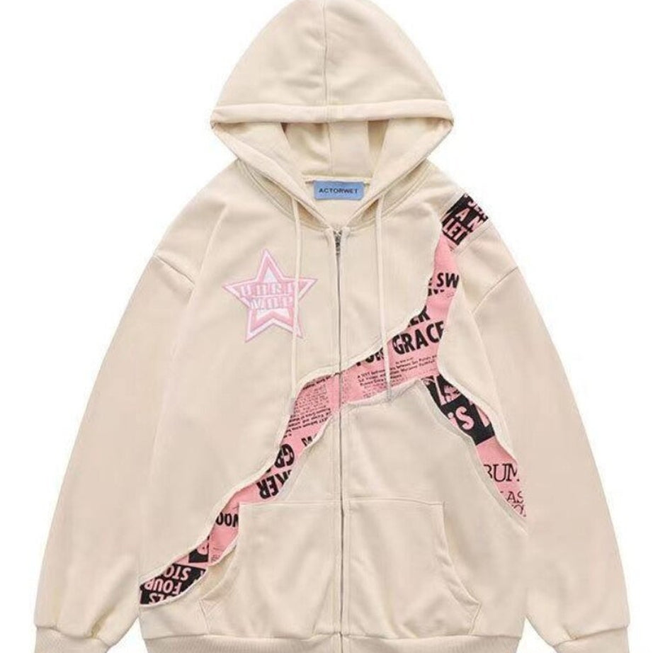 Y2k Pink Star Zip Up Hoodie