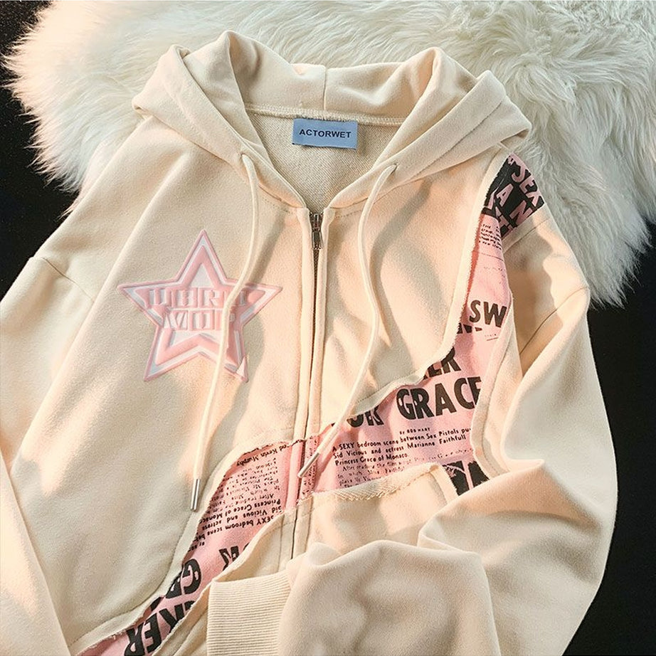 Y2k Pink Star Zip Up Hoodie