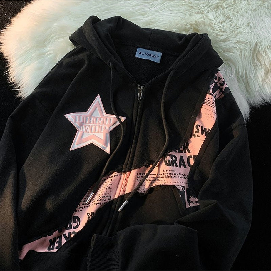 Y2k Pink Star Zip Up Hoodie