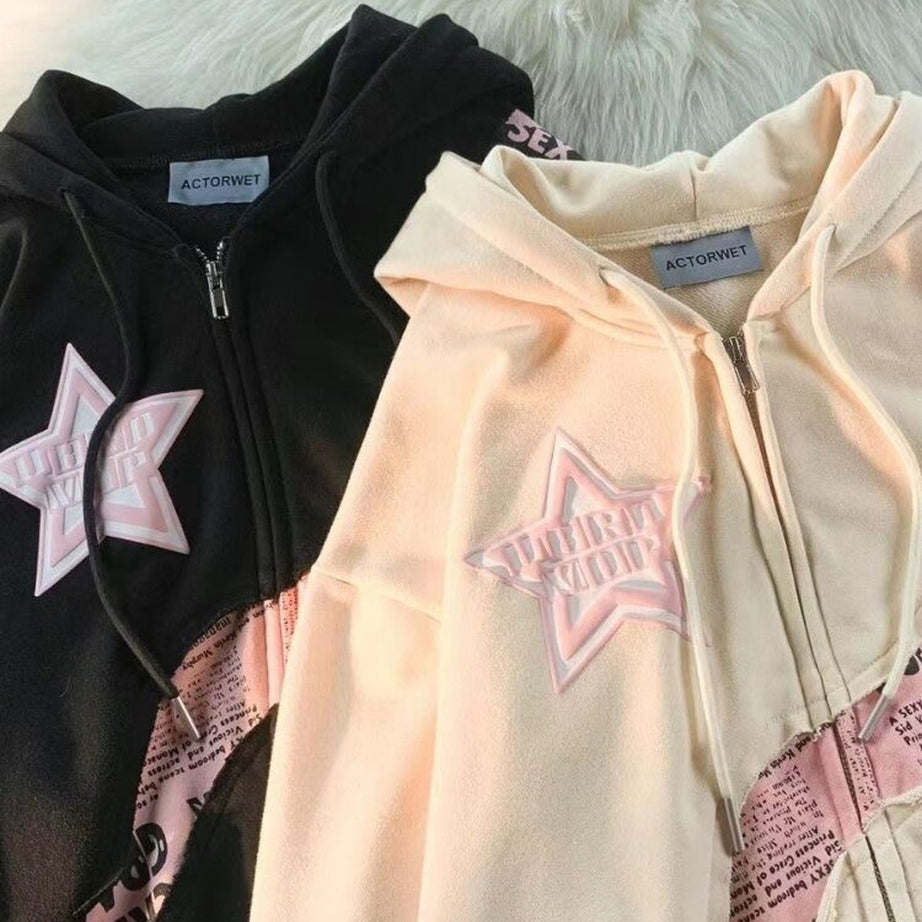 Y2k Pink Star Zip Up Hoodie