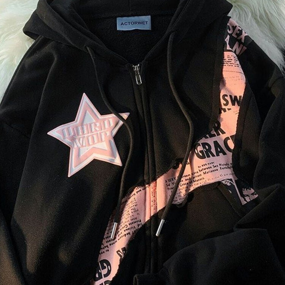 Y2k Pink Star Zip Up Hoodie