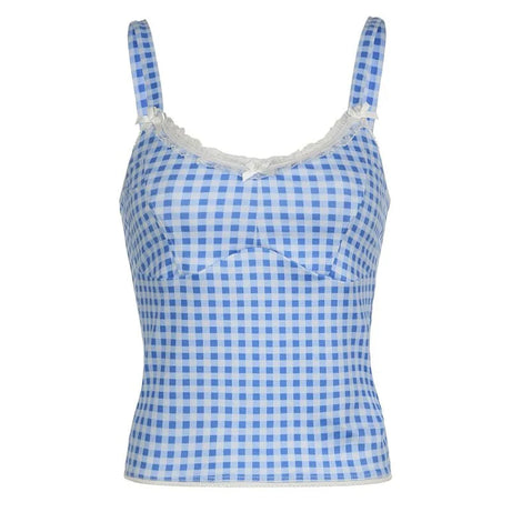 Y2K Plaid Lace Cami Top - Shirts & Tops