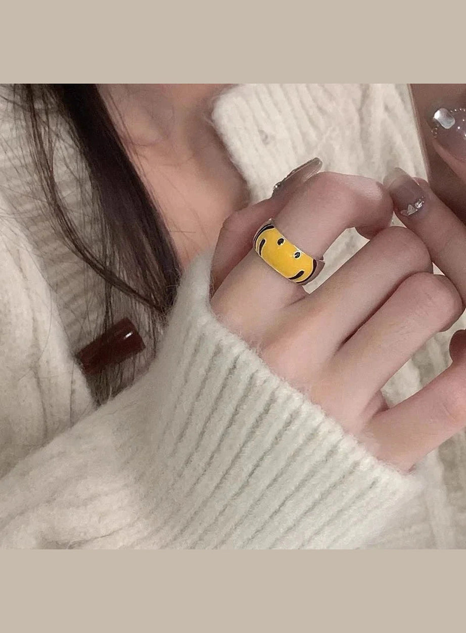 Y2k Yellow Smile Face Silver Ring