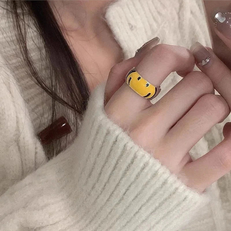Y2k Yellow Smile Face Silver Ring