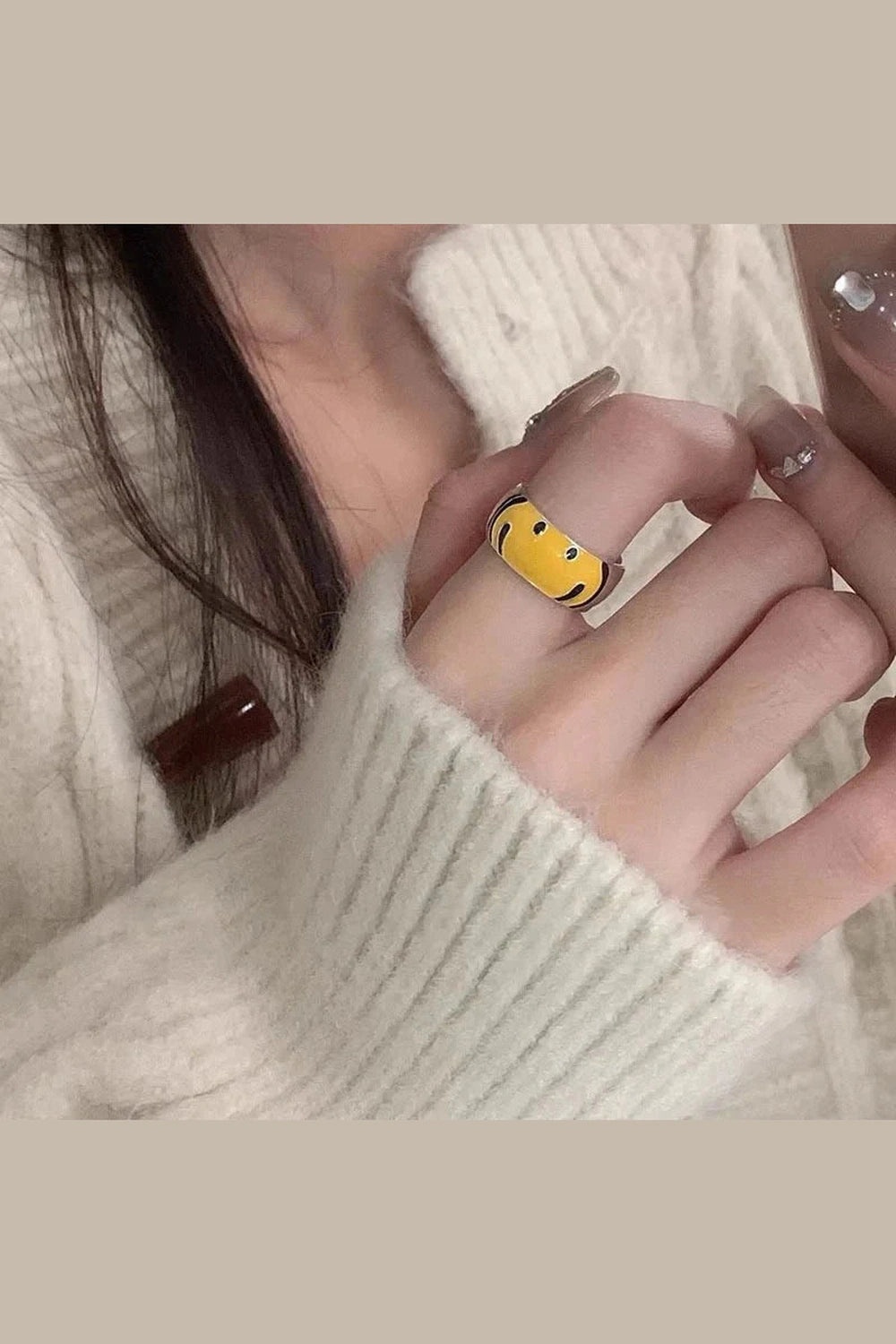 Y2k Yellow Smile Face Silver Ring