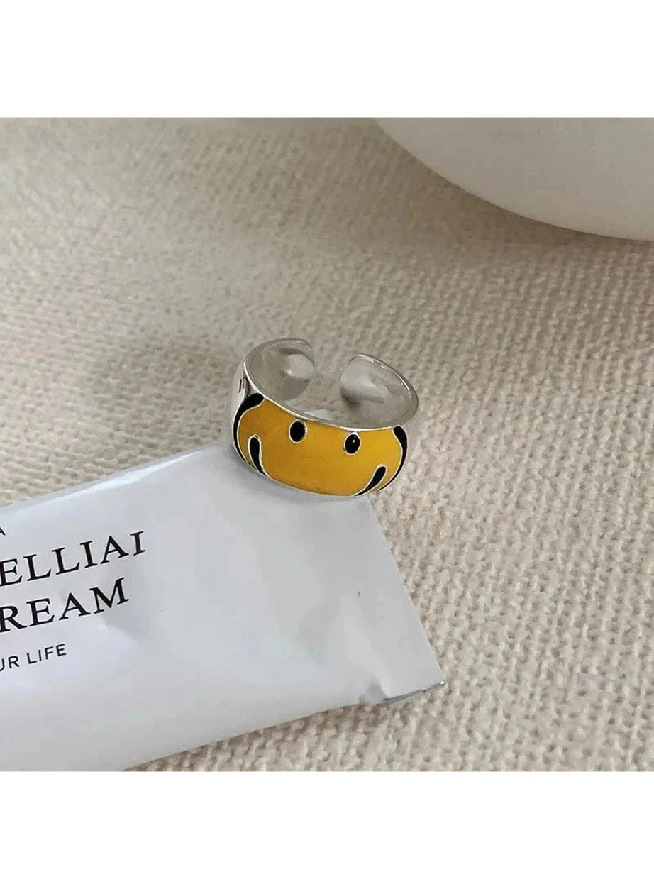 Y2k Yellow Smile Face Silver Ring