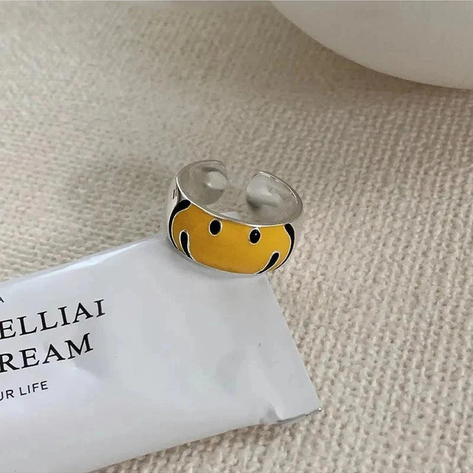 Y2k Yellow Smile Face Silver Ring