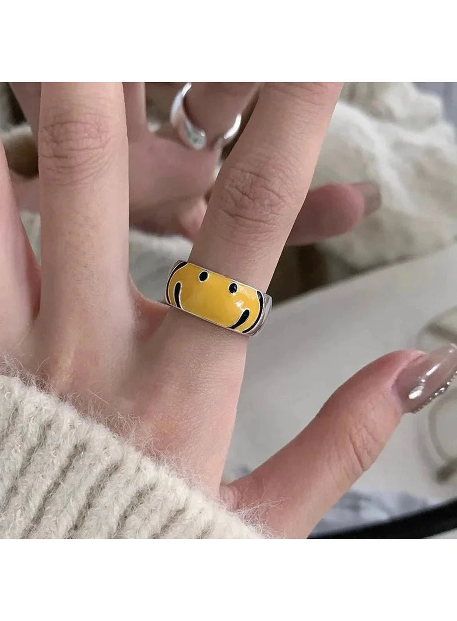Y2k Yellow Smile Face Silver Ring
