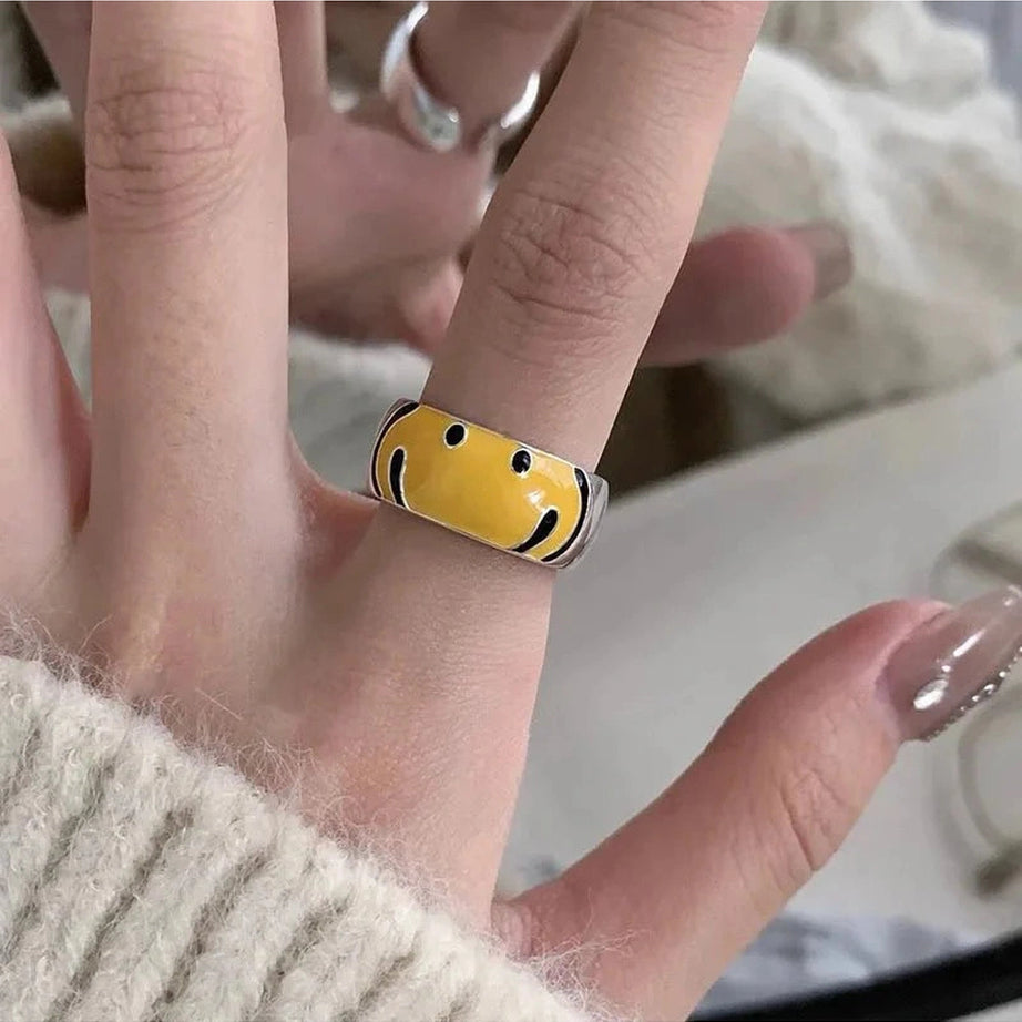 Y2k Yellow Smile Face Silver Ring